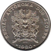 obverse of 100 Escudos - Regional Autonomy (1980) coin with KM# 44 from Azores. Inscription: REGIÃO AUTONOMA DOS AÇORES 1980