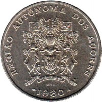 Azores coin 100 Escudos - Regional Autonomy (1980) obverse obverse of 100 Escudos - Regional Autonomy (1980) coin with KM# 44 from Azores. Inscription: REGIÃO AUTONOMA DOS AÇORES 1980