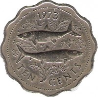 Bahamas coin 10 Cents - Elizabeth II - 2'nd Portrait (1973) reverse reverse of 10 Cents - Elizabeth II - 2'nd Portrait (1973) coin with KM# 39 from Bahamas. Inscription: 1973 TEN CENTS