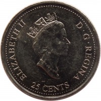 Canada coin 25 Cents - Elizabeth II - Community (2000) obverse obverse of 25 Cents - Elizabeth II - Community (2000) coin with KM# 376 from Canada. Inscription: ELIZABETH II D · G · REGINA 25 CENTS