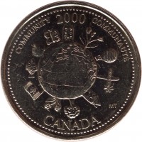 Canada coin 25 Cents - Elizabeth II - Community (2000) reverse reverse of 25 Cents - Elizabeth II - Community (2000) coin with KM# 376 from Canada. Inscription: COMMUNITY 2000 COMMUNAUTÉ CANADA