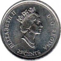 obverse of 25 Cents - Elizabeth II - Freedom (2000) coin with KM# 374 from Canada. Inscription: ELIZABETH II D · G · REGINA 25 CENTS