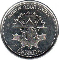 reverse of 25 Cents - Elizabeth II - Freedom (2000) coin with KM# 374 from Canada. Inscription: FREEDOM 2000 LIBERTÉ KV CANADA