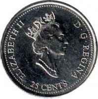 Canada coin 25 Cents - Elizabeth II - Creativity (2000) obverse obverse of 25 Cents - Elizabeth II - Creativity (2000) coin with KM# 379 from Canada. Inscription: ELIZABETH II D · G · REGINA 25 CENTS