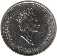 Canada coin 25 Cents - Elizabeth II - Wisdom (2000) obverse obverse of 25 Cents - Elizabeth II - Wisdom (2000) coin with KM# 378 from Canada. Inscription: ELIZABETH II D · G · REGINA 25 CENTS