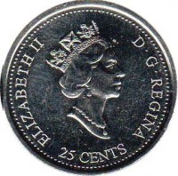 obverse of 25 Cents - Elizabeth II - Family (2000) coin with KM# 375 from Canada. Inscription: ELIZABETH II D · G · REGINA 25 CENTS