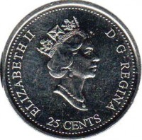 Canada coin 25 Cents - Elizabeth II - Family (2000) obverse obverse of 25 Cents - Elizabeth II - Family (2000) coin with KM# 375 from Canada. Inscription: ELIZABETH II D · G · REGINA 25 CENTS