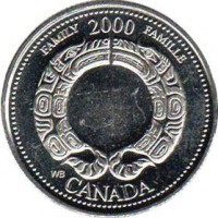 reverse of 25 Cents - Elizabeth II - Family (2000) coin with KM# 375 from Canada. Inscription: FAMILY 2000 FAMILLE WB CANADA