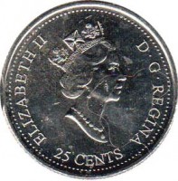 obverse of 25 Cents - Elizabeth II - Celebration (2000) coin with KM# 383 from Canada. Inscription: ELIZABETH II D · G · REGINA 25 CENTS