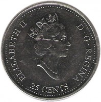 obverse of 25 Cents - Elizabeth II - Harmony (2000) coin with KM# 377 from Canada. Inscription: ELIZABETH II D · G · REGINA 25 CENTS