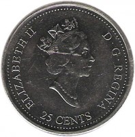 Canada coin 25 Cents - Elizabeth II - Harmony (2000) obverse obverse of 25 Cents - Elizabeth II - Harmony (2000) coin with KM# 377 from Canada. Inscription: ELIZABETH II D · G · REGINA 25 CENTS