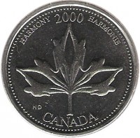 Canada coin 25 Cents - Elizabeth II - Harmony (2000) reverse reverse of 25 Cents - Elizabeth II - Harmony (2000) coin with KM# 377 from Canada. Inscription: HARMONY 2000 HARMONIE CANADA