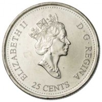 Canada coin 25 Cents - Elizabeth II - Natural Legacy (2000) obverse obverse of 25 Cents - Elizabeth II - Natural Legacy (2000) coin with KM# 382 from Canada. Inscription: ELIZABETH II D · G · REGINA 25 CENTS