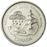 Canada coin 25 Cents - Elizabeth II - Natural Legacy (2000) reverse reverse of 25 Cents - Elizabeth II - Natural Legacy (2000) coin with KM# 382 from Canada. Inscription: NATURAL LEGACY 2000 PATRIMOINE NATUREL RT CANADA
