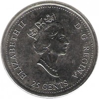 obverse of 25 Cents - Elizabeth II - Health (2000) coin with KM# 373 from Canada. Inscription: ELIZABETH II D · G · REGINA 25 CENTS