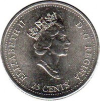 obverse of 25 Cents - Elizabeth II - Achievement (2000) coin with KM# 381 from Canada. Inscription: ELIZABETH II D · G · REGINA 25 CENTS