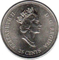 Canada coin 25 Cents - Elizabeth II - Achievement (2000) obverse obverse of 25 Cents - Elizabeth II - Achievement (2000) coin with KM# 381 from Canada. Inscription: ELIZABETH II D · G · REGINA 25 CENTS