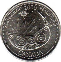 reverse of 25 Cents - Elizabeth II - Achievement (2000) coin with KM# 381 from Canada. Inscription: ACHIEVEMENT 2000 RÉALISATION DD CANADA