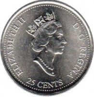 obverse of 25 Cents - Elizabeth II - Ingenuity (2000) coin with KM# 380 from Canada. Inscription: ELIZABETH II D · G · REGINA 25 CENTS