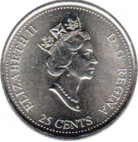 Canada coin 25 Cents - Elizabeth II - Ingenuity (2000) obverse obverse of 25 Cents - Elizabeth II - Ingenuity (2000) coin with KM# 380 from Canada. Inscription: ELIZABETH II D · G · REGINA 25 CENTS