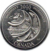 reverse of 25 Cents - Elizabeth II - Ingenuity (2000) coin with KM# 380 from Canada. Inscription: INGENUITY 2000 INGÉNIOSITÉ JJ CANADA