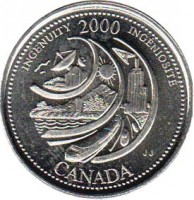 Canada coin 25 Cents - Elizabeth II - Ingenuity (2000) reverse reverse of 25 Cents - Elizabeth II - Ingenuity (2000) coin with KM# 380 from Canada. Inscription: INGENUITY 2000 INGÉNIOSITÉ JJ CANADA