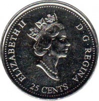 Canada coin 25 Cents - Elizabeth II - December (1999) obverse obverse of 25 Cents - Elizabeth II - December (1999) coin with KM# 353 from Canada. Inscription: ELIZABETH II D · G · REGINA 25 CENTS