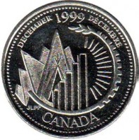 reverse of 25 Cents - Elizabeth II - December (1999) coin with KM# 353 from Canada. Inscription: DECEMBER 1999 DÉCEMBRE JLPP CANADA