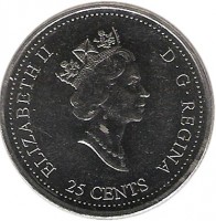 Canada coin 25 Cents - Elizabeth II - November (1999) obverse obverse of 25 Cents - Elizabeth II - November (1999) coin with KM# 352 from Canada. Inscription: ELIZABETH II D · G · REGINA 25 CENTS