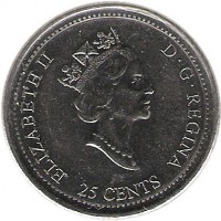 obverse of 25 Cents - Elizabeth II - October (1999) coin with KM# 351 from Canada. Inscription: ELIZABETH II D · G · REGINA 25 CENTS