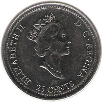 Canada coin 25 Cents - Elizabeth II - October (1999) obverse obverse of 25 Cents - Elizabeth II - October (1999) coin with KM# 351 from Canada. Inscription: ELIZABETH II D · G · REGINA 25 CENTS