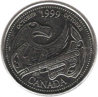 reverse of 25 Cents - Elizabeth II - October (1999) coin with KM# 351 from Canada. Inscription: OCTOBER 1999 OCTOBRE CANADA