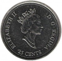 obverse of 25 Cents - Elizabeth II - September (1999) coin with KM# 350 from Canada. Inscription: ELIZABETH II D · G · REGINA 25 CENTS