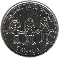 reverse of 25 Cents - Elizabeth II - September (1999) coin with KM# 350 from Canada. Inscription: SEPTEMBER 1999 SEPTEMBRE CANADA
