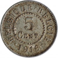 reverse of 5 Centimes (1915 - 1916) coin with KM# 80 from Belgium. Inscription: BELGIQUE · BELGIE 5 CENT · 1916 ·