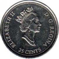 Canada coin 25 Cents - Elizabeth II - August (1999) obverse obverse of 25 Cents - Elizabeth II - August (1999) coin with KM# 349 from Canada. Inscription: ELIZABETH II D · G · REGINA 25 CENTS