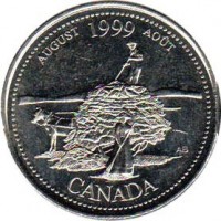 reverse of 25 Cents - Elizabeth II - August (1999) coin with KM# 349 from Canada. Inscription: AUGUST 1999 AOÛT AB CANADA