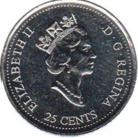 obverse of 25 Cents - Elizabeth II - July (1999) coin with KM# 348 from Canada. Inscription: ELIZABETH II D · G · REGINA 25 CENTS