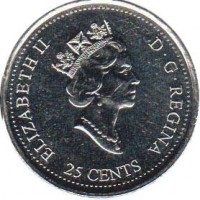 Canada coin 25 Cents - Elizabeth II - July (1999) obverse obverse of 25 Cents - Elizabeth II - July (1999) coin with KM# 348 from Canada. Inscription: ELIZABETH II D · G · REGINA 25 CENTS
