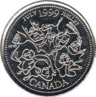 reverse of 25 Cents - Elizabeth II - July (1999) coin with KM# 348 from Canada. Inscription: JULY 1999 JUILLET MHS CANADA
