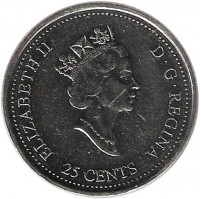 obverse of 25 Cents - Elizabeth II - June (1999) coin with KM# 347 from Canada. Inscription: ELIZABETH II D · G · REGINA 25 CENTS