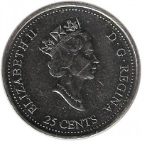 Canada coin 25 Cents - Elizabeth II - June (1999) obverse obverse of 25 Cents - Elizabeth II - June (1999) coin with KM# 347 from Canada. Inscription: ELIZABETH II D · G · REGINA 25 CENTS