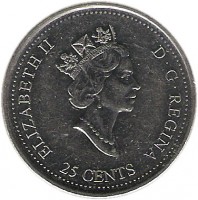 obverse of 25 Cents - Elizabeth II - May (1999) coin with KM# 346 from Canada. Inscription: ELIZABETH II D · G · REGINA 25 CENTS