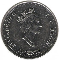 Canada coin 25 Cents - Elizabeth II - May (1999) obverse obverse of 25 Cents - Elizabeth II - May (1999) coin with KM# 346 from Canada. Inscription: ELIZABETH II D · G · REGINA 25 CENTS
