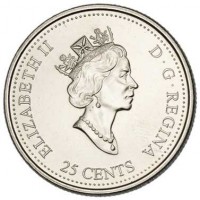 obverse of 25 Cents - Elizabeth II - April (1999) coin with KM# 345 from Canada. Inscription: ELIZABETH II D · G · REGINA 25 CENTS