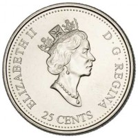 Canada coin 25 Cents - Elizabeth II - April (1999) obverse obverse of 25 Cents - Elizabeth II - April (1999) coin with KM# 345 from Canada. Inscription: ELIZABETH II D · G · REGINA 25 CENTS