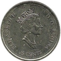 obverse of 25 Cents - Elizabeth II - March (1999) coin with KM# 344 from Canada. Inscription: ELIZABETH II D · G · REGINA 25 CENTS
