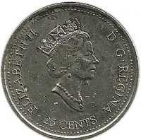 Canada coin 25 Cents - Elizabeth II - March (1999) obverse obverse of 25 Cents - Elizabeth II - March (1999) coin with KM# 344 from Canada. Inscription: ELIZABETH II D · G · REGINA 25 CENTS