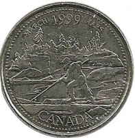 reverse of 25 Cents - Elizabeth II - March (1999) coin with KM# 344 from Canada. Inscription: MARCH 1999 MARS CANADA