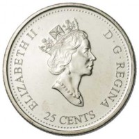 Canada coin 25 Cents - Elizabeth II - February (1999) obverse obverse of 25 Cents - Elizabeth II - February (1999) coin with KM# 343 from Canada. Inscription: ELIZABETH II D · G · REGINA 25 CENTS